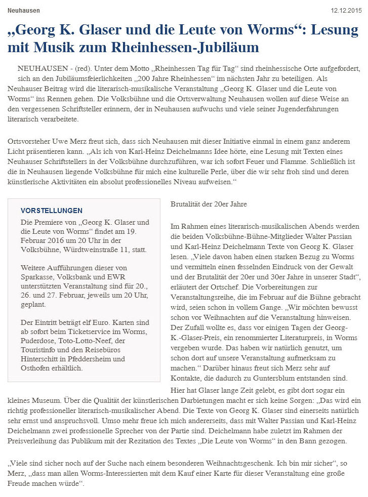 Artikel Wormser Zeitung vom 12. Dezember 2015